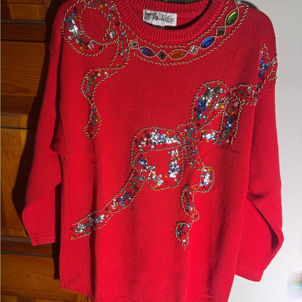 Bob Mackie Red Sweater with Jewel Accents
